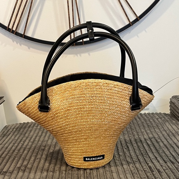 Balenciaga Handbags - Balenciaga Straw Tote with Black Handles